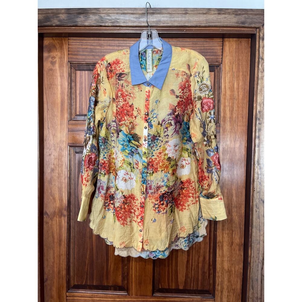 Aratta silent journey embroidered sequin button down floral blouse size M/L - Picture 1 of 9